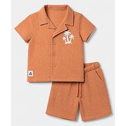 Babyhug 100% Cotton Woven Half Sleeves Shirt and Shorts with Palm Trees Embroidery in Brown for 12-18 Months