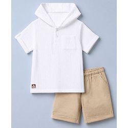 Babyhug 100% Cotton Woven Half Sleeves Hooded T-Shirt and Shorts Set - White