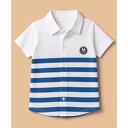 Babyhug 100% Cotton Knit Half Sleeves Striped Shirt & Shorts Set With Soccer Ball Patch - White