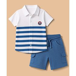 Babyhug 100% Cotton Knit Half Sleeves Striped Shirt & Shorts Set With Soccer Ball Patch - White