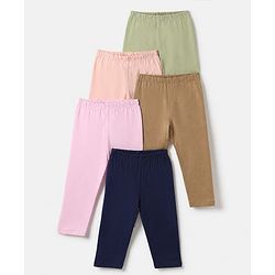 Babyhug Cotton Lycra Knit Full Length Solid Leggings Pack Of 5 - Navy Blue Pink Olive Green & Brown