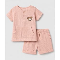 Babyhug 100% Cotton Woven Half Sleeves T-Shirt and Shorts with Bear Applique in Pink