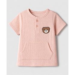 Babyhug 100% Cotton Woven Half Sleeves T-Shirt and Shorts with Bear Applique in Pink