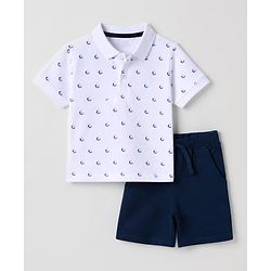 Babyhug 100% Cotton Single Jersey Knit Half Sleeves T-Shirt and Shorts Set With Boat Print - Blue & White