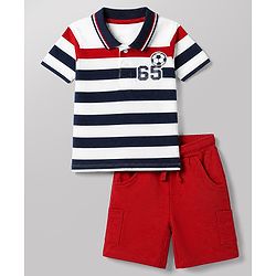 Babyhug 100% Cotton Single Jersey Knit Half Sleeves Striped T-Shirt & Shorts Set With Varsity Print - Red