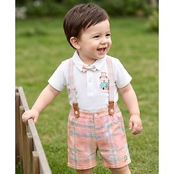Babyhug 100% Cotton Knit Half Sleeves Striped T-Shirt and Shorts Set With Bear Print & Bow & Suspender - White