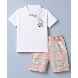 Babyhug 100% Cotton Knit Half Sleeves Striped T-Shirt and Shorts Set With Bear Print & Bow & Suspender - White