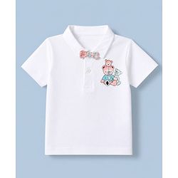 Babyhug 100% Cotton Knit Half Sleeves Striped T-Shirt and Shorts Set With Bear Print & Bow & Suspender - White