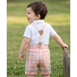 Babyhug 100% Cotton Knit Half Sleeves Striped T-Shirt and Shorts Set With Bear Print & Bow & Suspender - White
