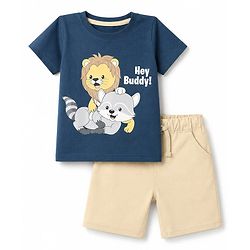Babyhug Single Jersey Knit Lion Printed T-Shirt & Shorts Set - Navy Blue