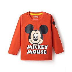 Babyhug Disney 100% Cotton Knit Full Sleeves T-Shirt & Joggers Set With Mickey Mouse Graphics - Red & Navy Blue
