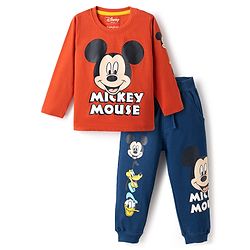 Babyhug Disney 100% Cotton Knit Full Sleeves T-Shirt & Joggers Set With Mickey Mouse Graphics - Red & Navy Blue