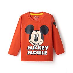 Babyhug Disney 100% Cotton Knit Full Sleeves T-Shirt & Joggers Set With Mickey Mouse Graphics - Red & Navy Blue