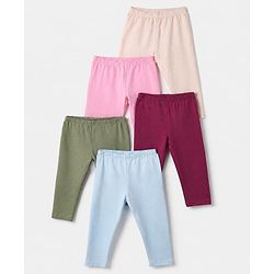 Babyhug Cotton Lycra Elastane Knit Slim Fit Full Length Solid Leggings Pack of 5 - Peach, Baby Pink, Light Green, Maroon & Light Blue