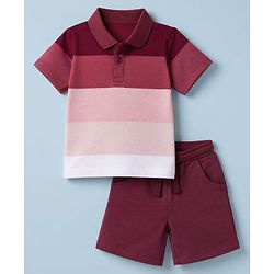 Babyhug 100% Cotton Knit Half Sleeves Striped T-Shirt and Shorts Set - Pink & Maroon