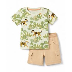 Babyhug 100% Cotton Knit Half Sleeves Jungle Theme Printed T-Shirt & Shorts Set - Olive Green