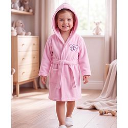 Babyhug Knit Terry Full Sleeves Bath Robe With Butterfly Embroidery - Pink