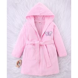 Babyhug Knit Terry Full Sleeves Bath Robe With Butterfly Embroidery - Pink