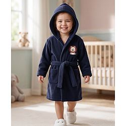 Babyhug Knit Terry Full Sleeves Bath Robe  With Tiger Embroidery - Navy Blue