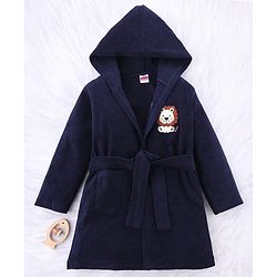 Babyhug Knit Terry Full Sleeves Bath Robe  With Tiger Embroidery - Navy Blue