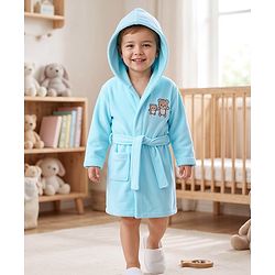Babyhug Knit Terry Full Sleeves Bath Robe With Teddy Bear Embroidery - Light Blue