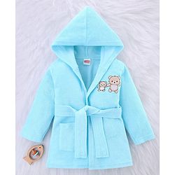 Babyhug Knit Terry Full Sleeves Bath Robe With Teddy Bear Embroidery - Light Blue