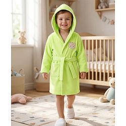Babyhug Terry Knit Full Sleeves Hooded Bath Robe with Bear Face Patch- Lime Green