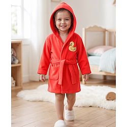 Babyhug Terry Knit Full Sleeves Hooded Bath Robe with Duck Patch -Red