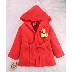 Babyhug Terry Knit Full Sleeves Hooded Bath Robe with Duck Patch -Red