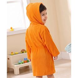 Babyhug Terry Knit Solid Full Sleeves Bath Robe With Puppy Print - Orange