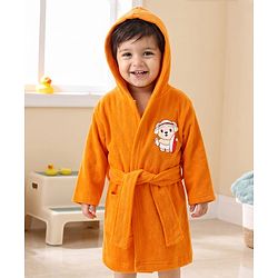 Babyhug Terry Knit Solid Full Sleeves Bath Robe With Puppy Print - Orange