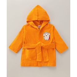 Babyhug Terry Knit Solid Full Sleeves Bath Robe With Puppy Print - Orange