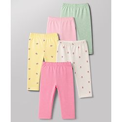 Babyhug Cotton Elastane Knit Slim Fit Full Length Leggings With Floral Print Pack of 5 - Pink White Yellow Green
