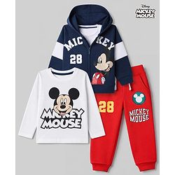 Babyhug Disney 100% Cotton Terry Full Sleeves T-Shirt, Hooded Sweatshirt and Jogger with Mickey Mouse Graphic Print - Navy Blue White & Red