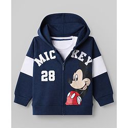 Babyhug Disney 100% Cotton Terry Full Sleeves T-Shirt, Hooded Sweatshirt and Jogger with Mickey Mouse Graphic Print - Navy Blue White & Red