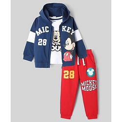 Babyhug Disney 100% Cotton Terry Full Sleeves T-Shirt, Hooded Sweatshirt and Jogger with Mickey Mouse Graphic Print - Navy Blue White & Red