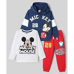 Babyhug Disney 100% Cotton Terry Full Sleeves T-Shirt, Hooded Sweatshirt and Jogger with Mickey Mouse Graphic Print - Navy Blue White & Red