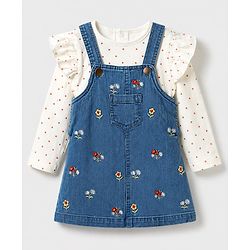 Babyhug Denim Woven Full Sleeves Frock with Inner Tee & Floral Embroidery - Blue