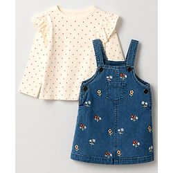 Babyhug Denim Woven Full Sleeves Frock with Inner Tee & Floral Embroidery - Blue