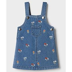 Babyhug Denim Woven Full Sleeves Frock with Inner Tee & Floral Embroidery - Blue