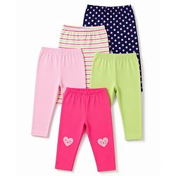 Babyhug Cotton Lycra Knit Full Length Polka Dots Solid & Striped Leggings Pack Of 5 - Dark Pink Navy Blue & Lime Green