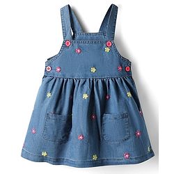 Babyhug 100% Cotton Woven Half Sleeves Denim Frocks with Inner Tee & Floral Embroidery - Blue