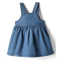 Babyhug 100% Cotton Woven Half Sleeves Denim Frocks with Inner Tee & Floral Embroidery - Blue