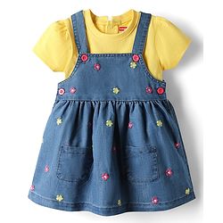 Babyhug 100% Cotton Woven Half Sleeves Denim Frocks with Inner Tee & Floral Embroidery - Blue
