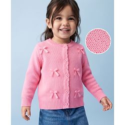 Babyhug Knit Full Sleeves Front Open Sweater With Bow Applique - Pink