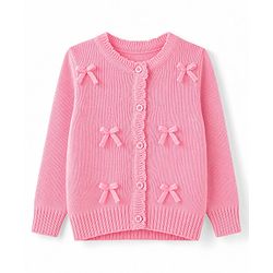 Babyhug Knit Full Sleeves Front Open Sweater With Bow Applique - Pink