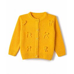 Babyhug Knit Full Sleeves Front Open Sweater with Bow 3D Applique - Yellow