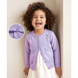 Babyhug Knit Full Sleeves Front Open Sweater With Bow Applique - Lavender