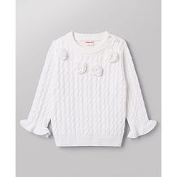 Babyhug Knit Full Sleeves Solid Colour Pullover with Cable Knit Design & Floral Applique-White