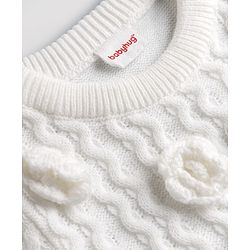 Babyhug Knit Full Sleeves Solid Colour Pullover with Cable Knit Design & Floral Applique-White